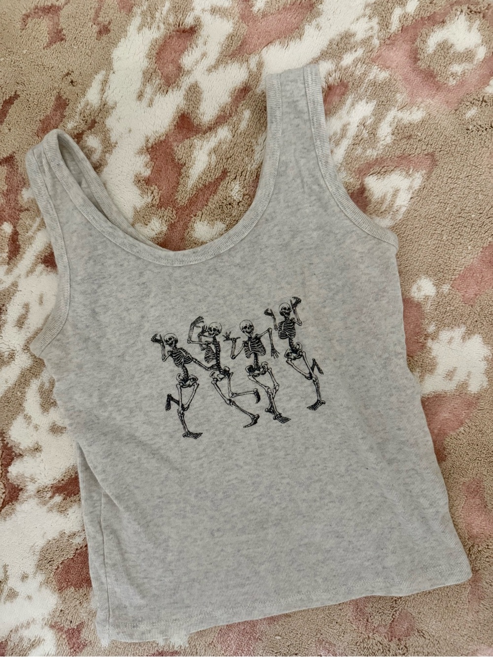 Grey Ribbed Tank with Dancing Skeleton Graphic